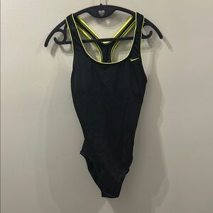 Nike Women's Black and Neon Yellow Swimsuit